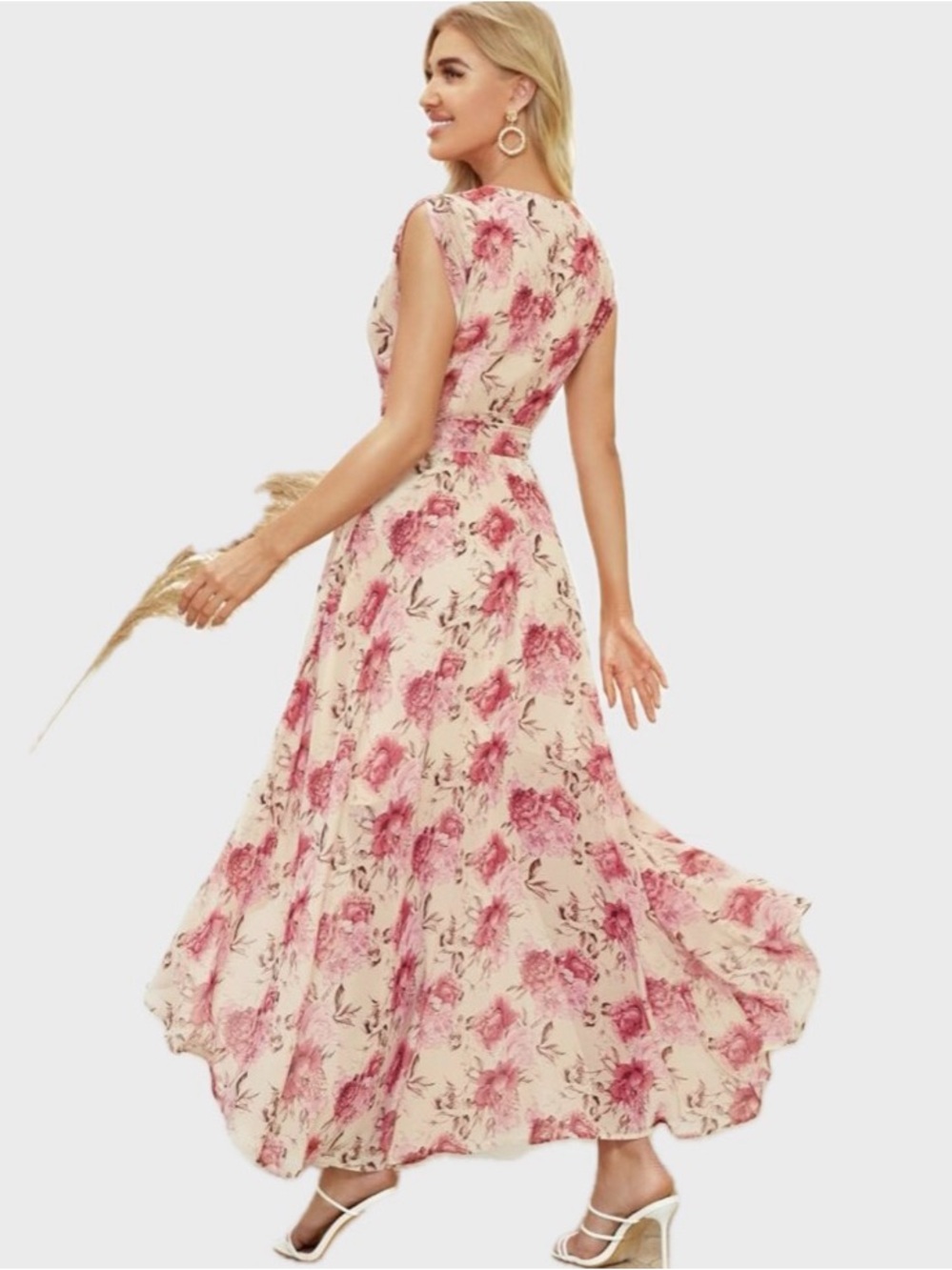 High-Low V-neck Floral Chiffon Extra Long Formal Dress with Tie Bow Belt in Pink - Picture 8 of 8